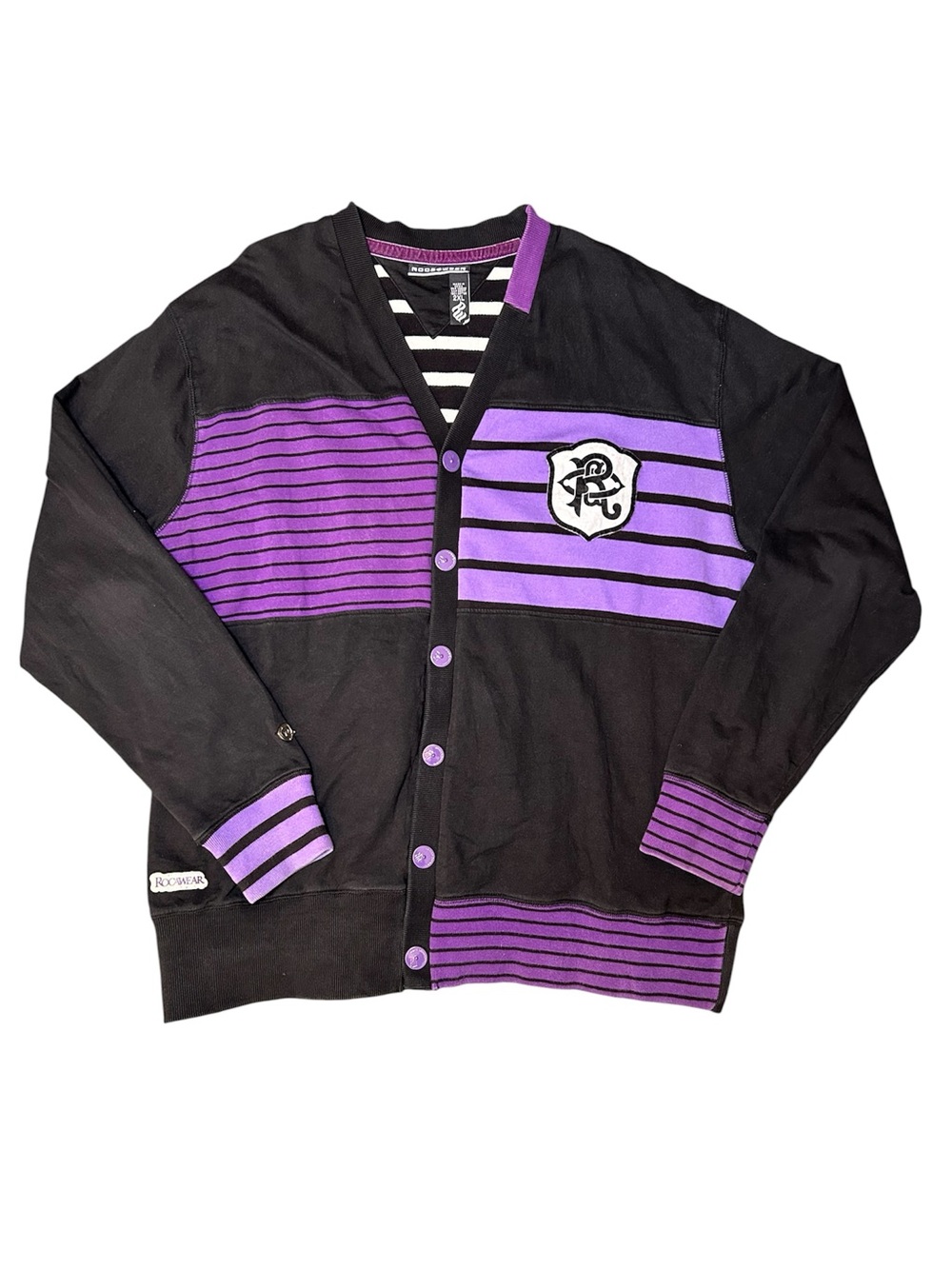Vintage Rocawear Cardigan Sweater Men’s Purple Black White Y2K Letterman Sz 2XL